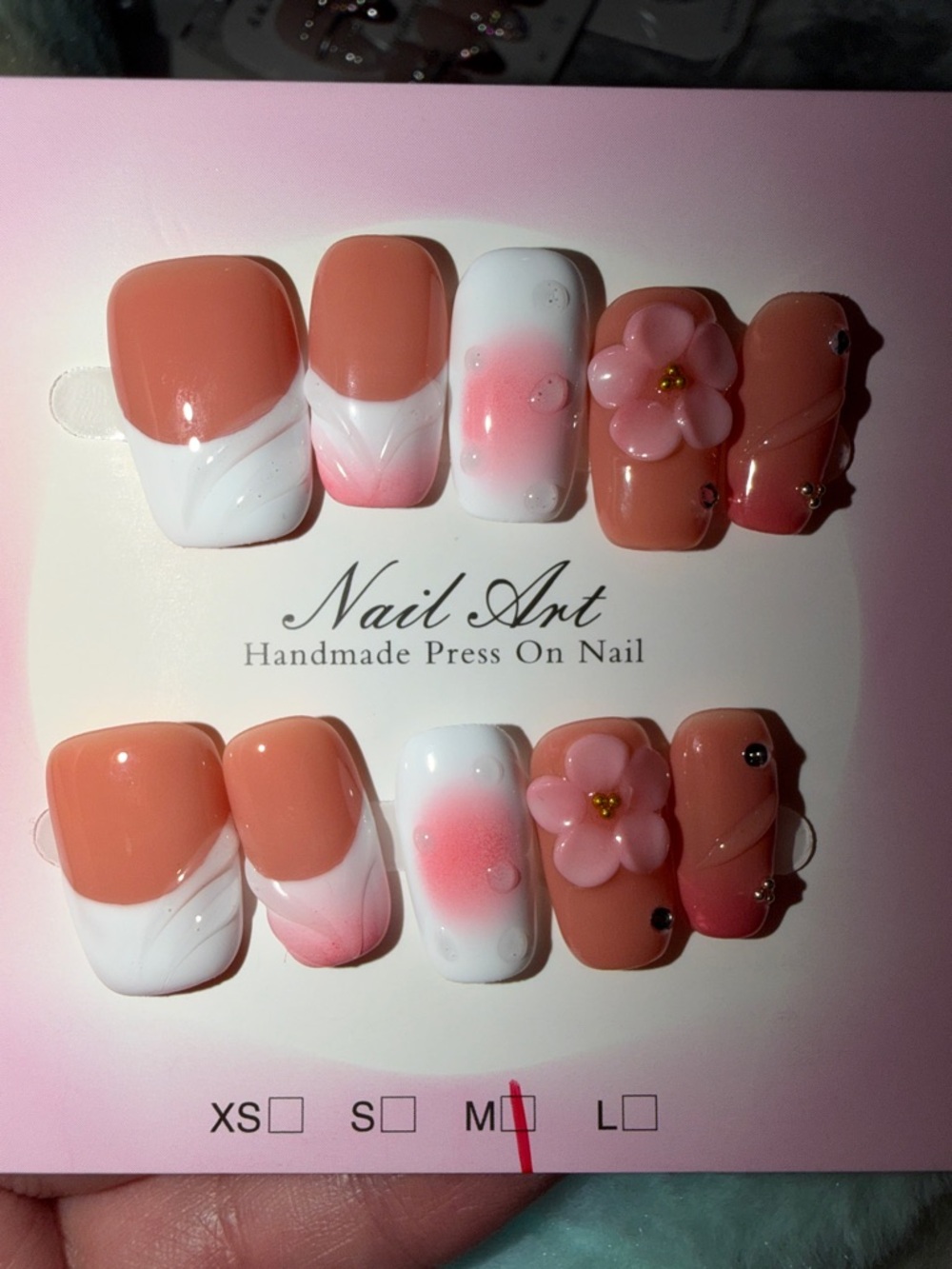 Handmade Press-On Nails in Peach Pink & White with 3D Flowers